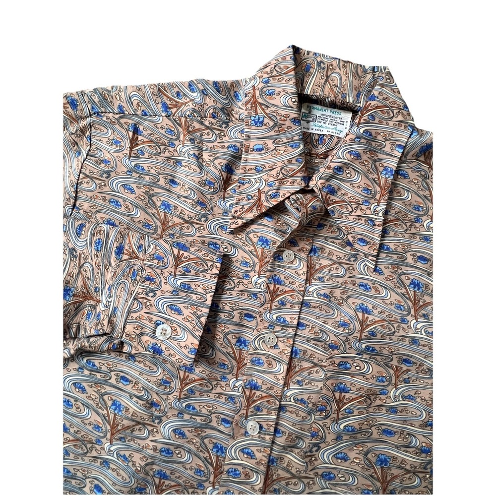 Vtg 70s Kmart Permanent Press Button Shirt  M/L Mens Retro All Over Print Hippie